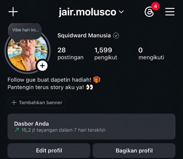 Dashboard Instagram @jair.molusco lebih dari 15 juta tayangan